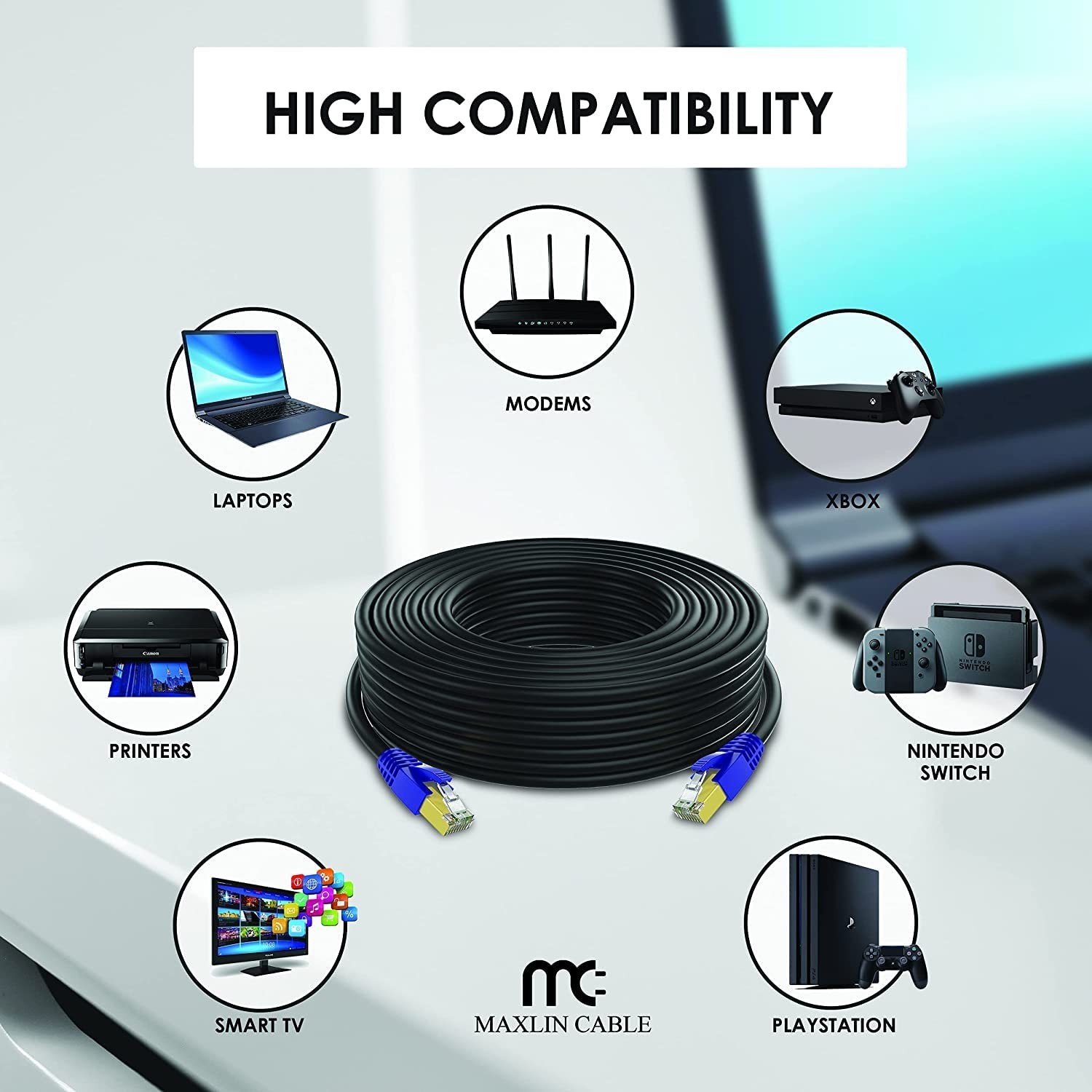 MAXLIN CABLE 150ft Cat 7 Ethernet Cable RJ45 600MHz Indoor/Outdoor NEW