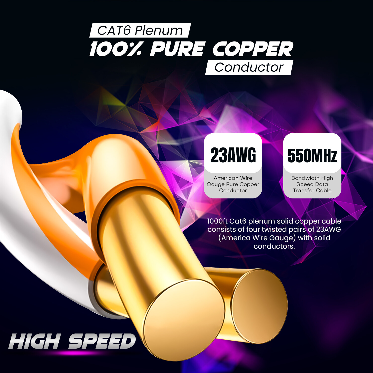 Cat6 Plenum Cable 1000ft Solid Copper 23AWG UTP Bulk Internet Cable Lan Black