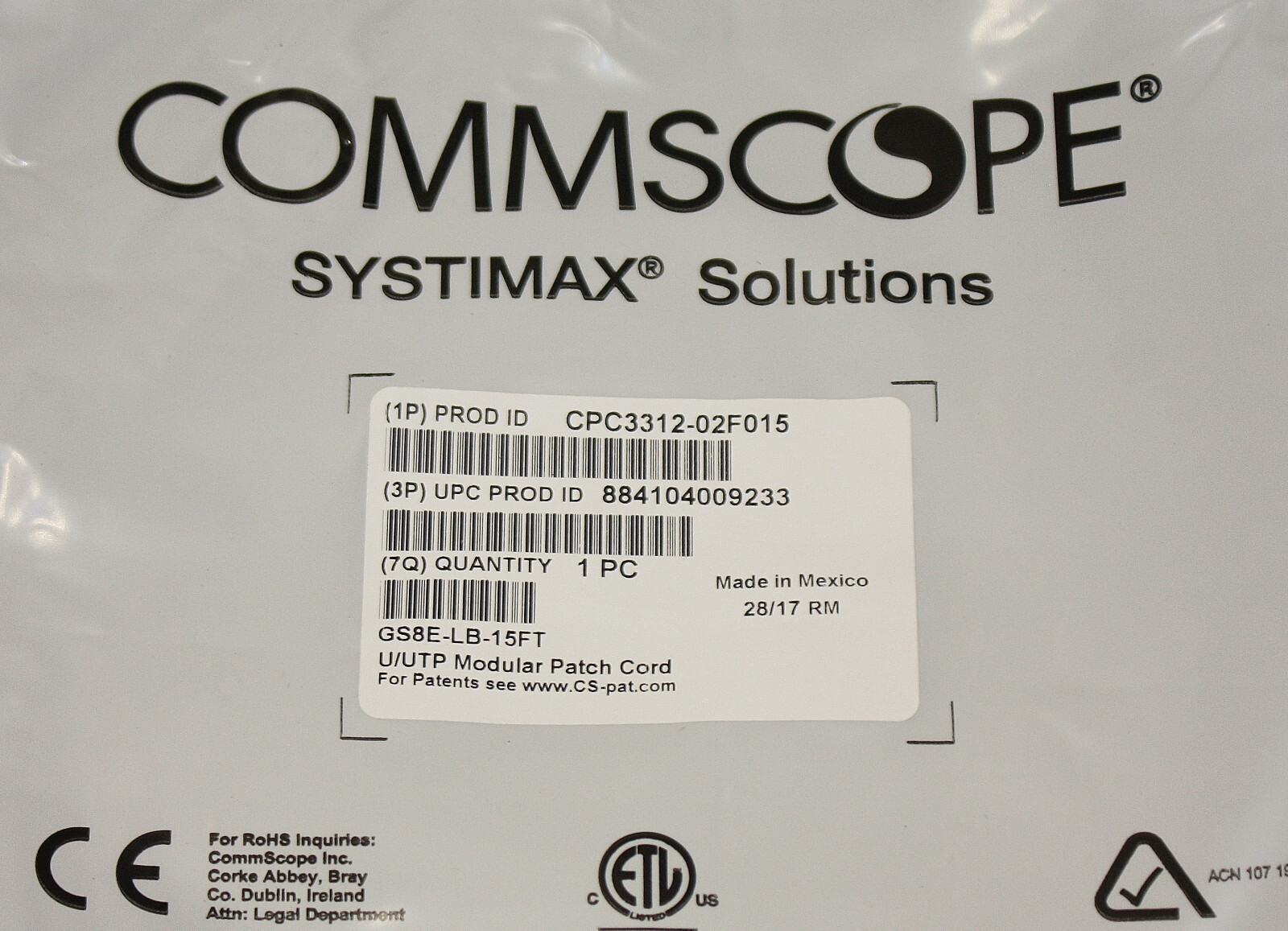 (10) Commscope Systimax 15ft Patch Cables CPC3312-02F015, CAT 6, GS8E-LB-15FT