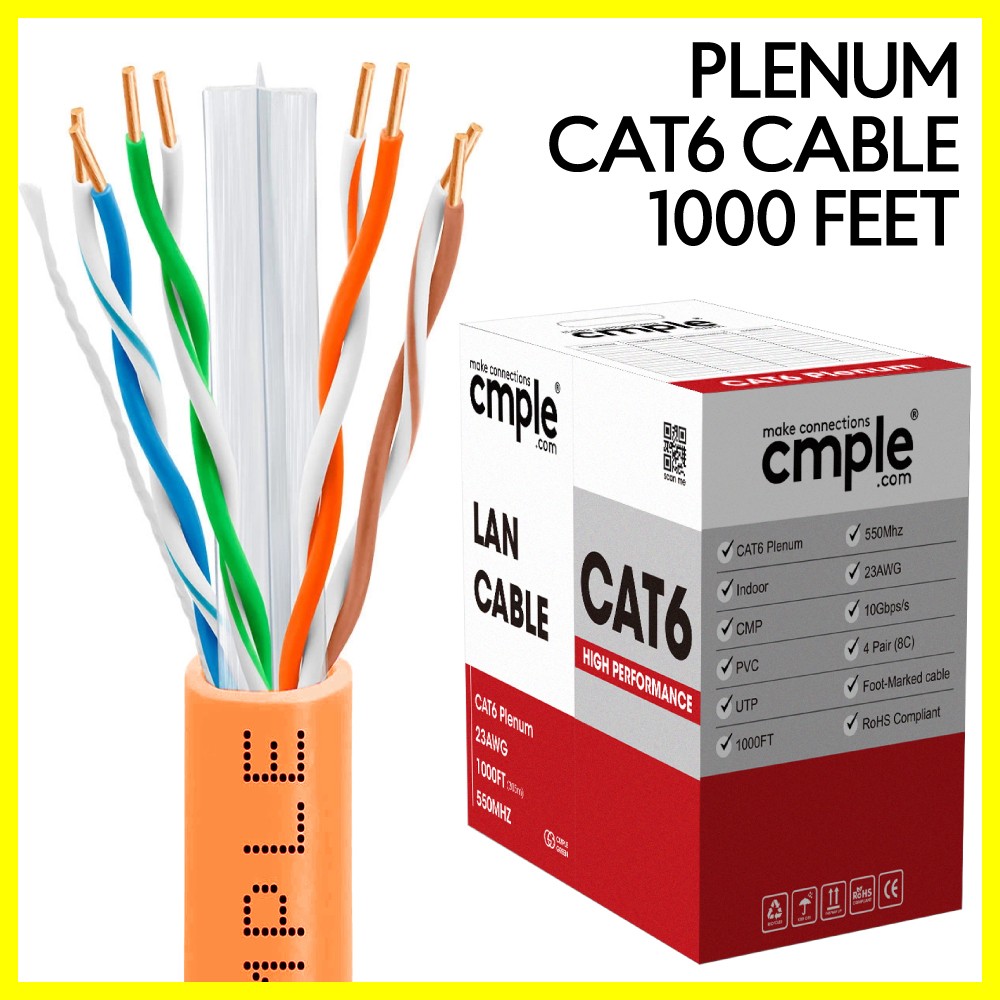 1000ft Cat6 CMP Plenum Ethernet LAN Cable Solid 23AWG UTP Pull Box Orange