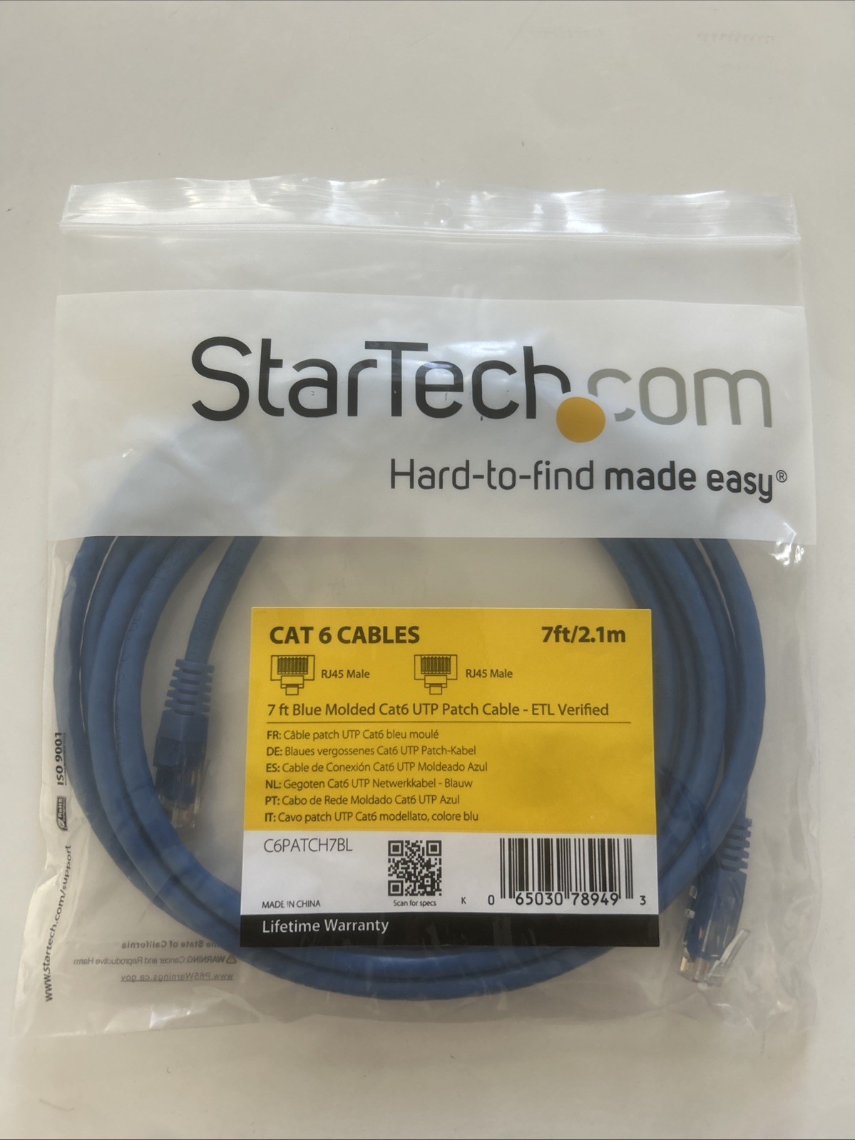 NEW! StarTech.com C6PATCH7BL 7 ft. Cat 6 Blue Molded UTP Patch Cable