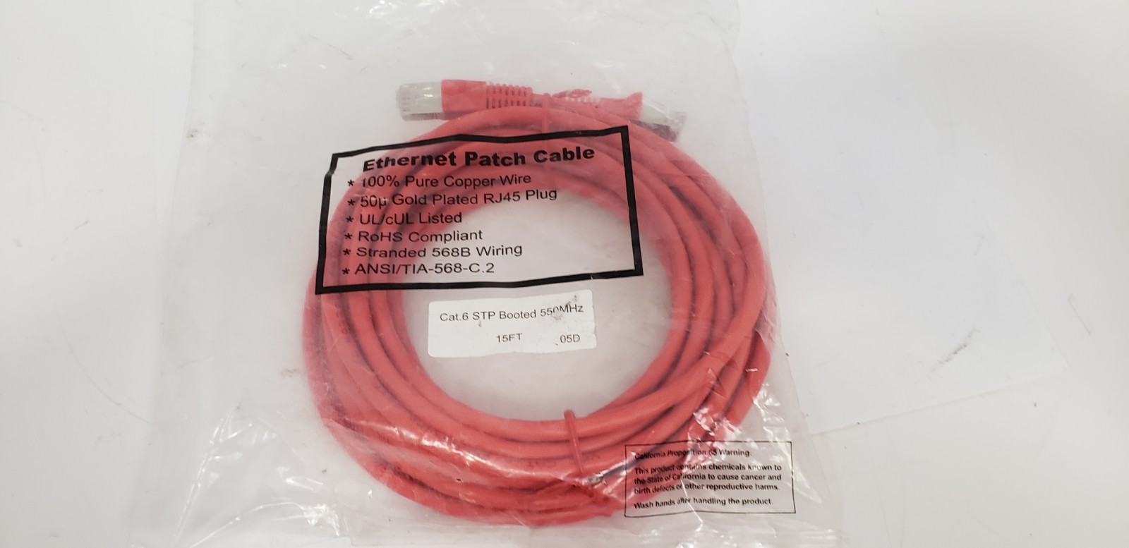 ANSI/TIA-568-C.2 RED ETHERNET PATCH CABLE, CAT 6 STP BOOTED, RJ45 PLUG, 15′, NIB