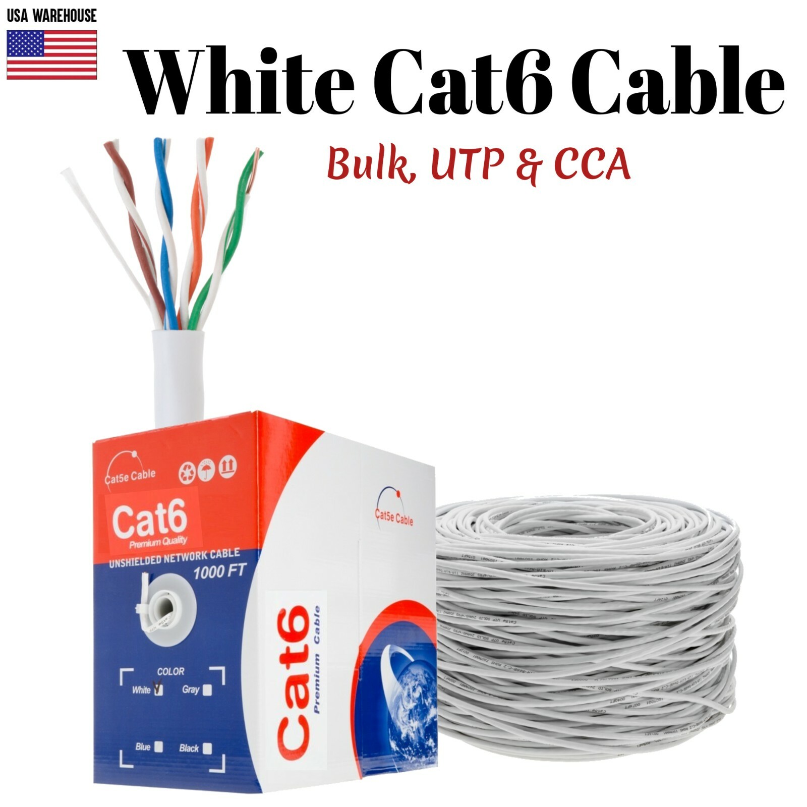 1000ft Cat6 White Ethernet Network Cable Solid 23AWG Copper Clad CCA Bulk Wire
