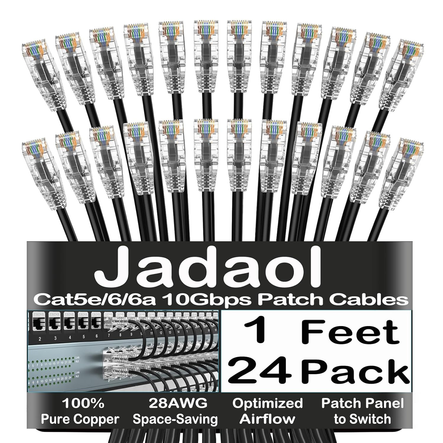 Cat 6A / Cat 6 Ethernet Patch Cable 1Ft 24-Pack, 10Gbps Slim 28AWG Cat6A LAN Net