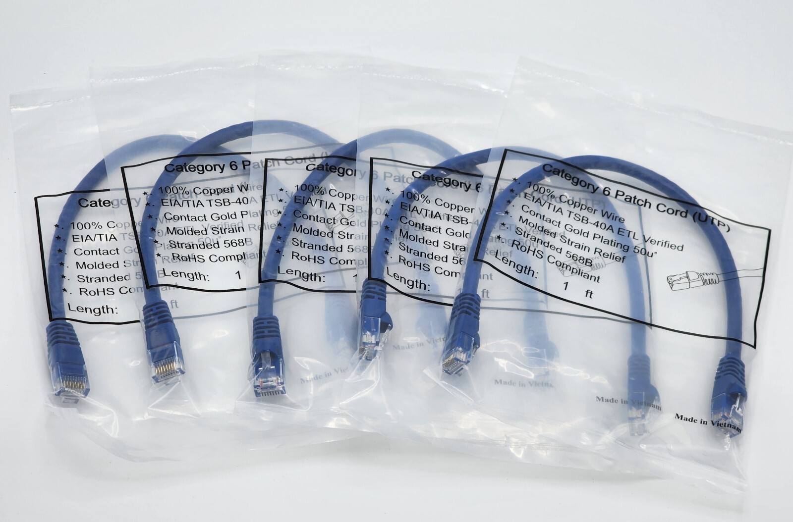 1ft Cat6 UTP Ethernet Patch Cable molded boots Pure Copper Blue Lot of 1, 5, 10