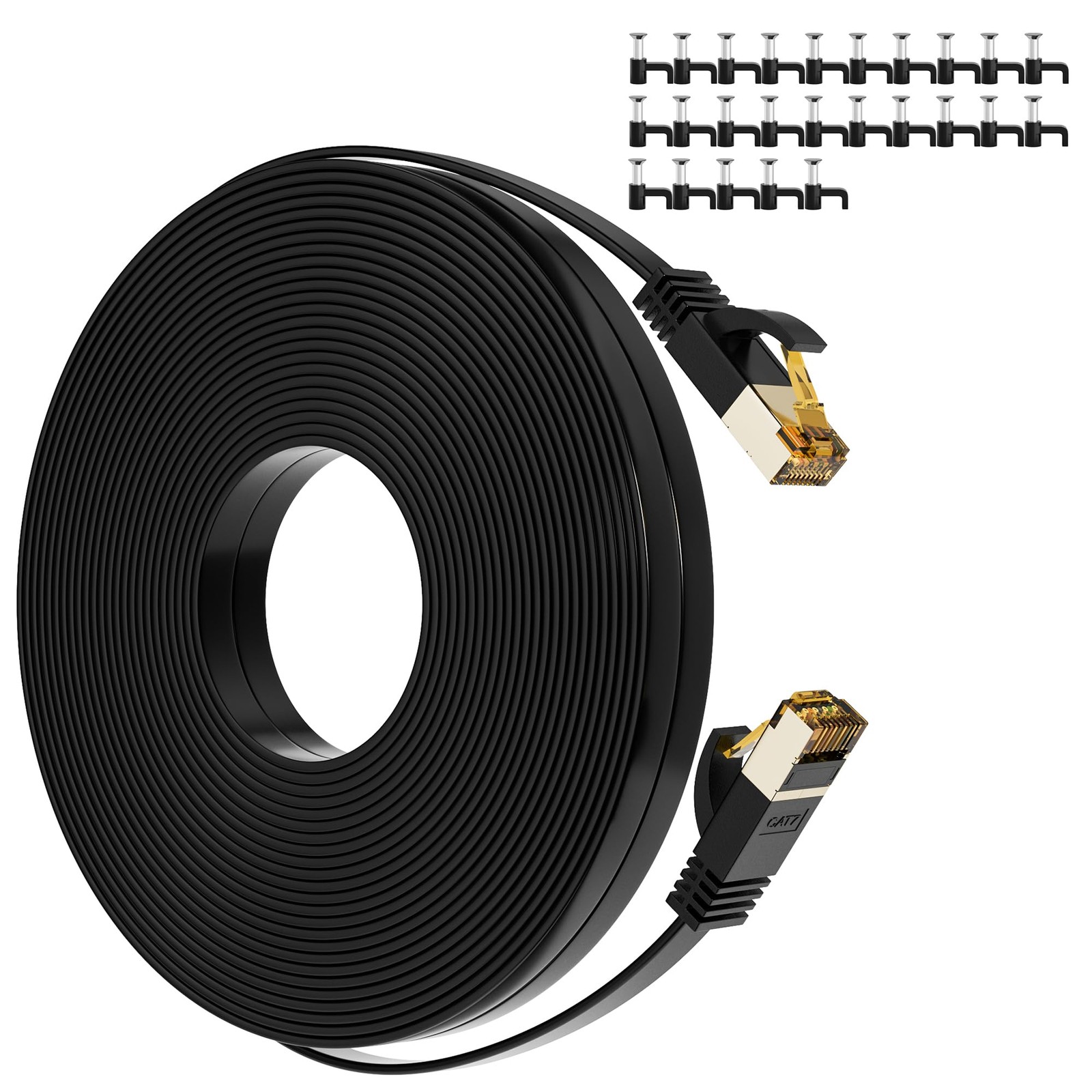 Cat7 Flat Ethernet Cable 100 FT High Speed 10Gbps 600MHz Patch Cord Blk