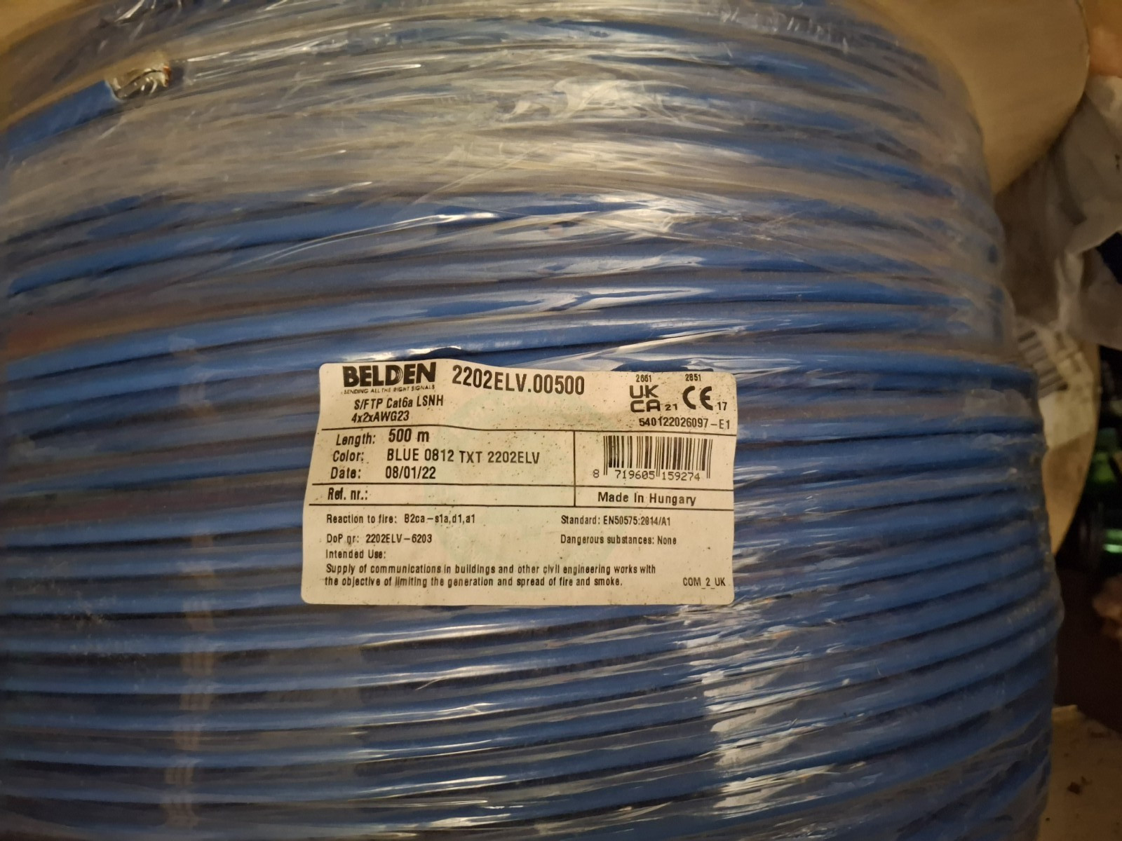 Belden Cat 6a 23awg shielded Solid Bare Copper Blue CPR ethernet cable 100 Feet
