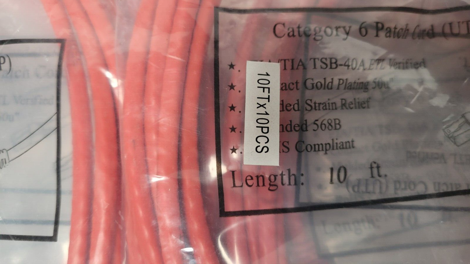 Lot of 17 CAT6 Patch Cord UTP EIA/TIA TSB 40A Contact Gold Plated 50u 10 FT RED