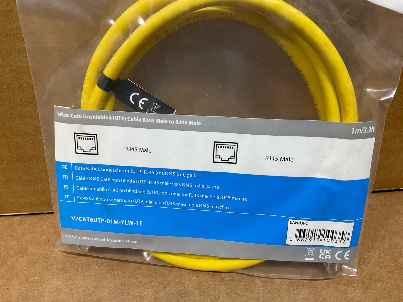 V7 RJ45 CAT-6 Patch Cable, Snagless Molded – 1 meter yellow V7CAT6UTP-01M-YLW-1E