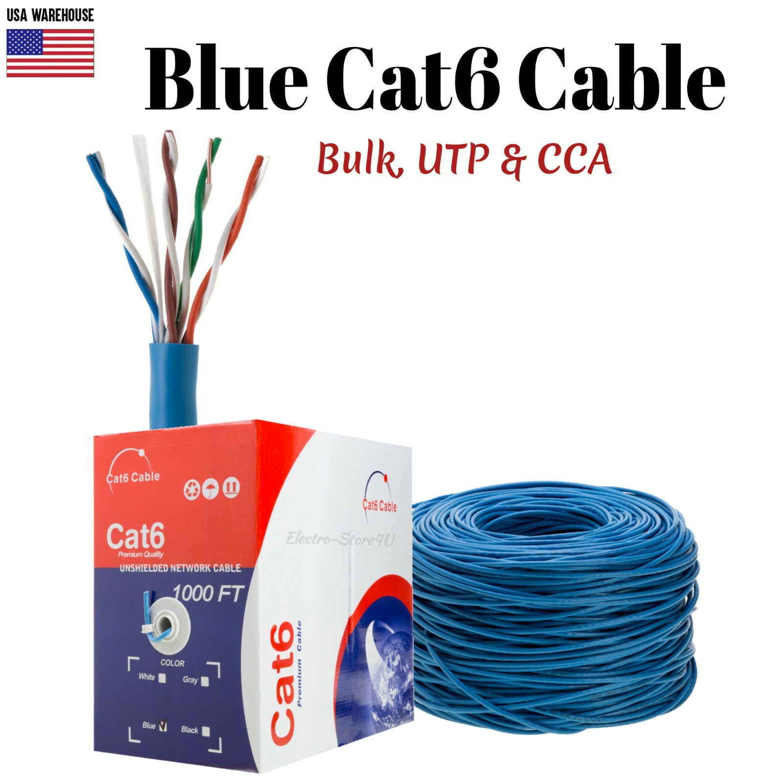1000ft Cat6 Blue Ethernet Network Cable Solid 23AWG Copper Clad CCA Bulk Wire