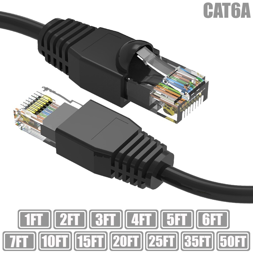 1-50FT Cat6A RJ45 Network Ethernet UTP Patch Cable Booted Cord Copper Black LOT