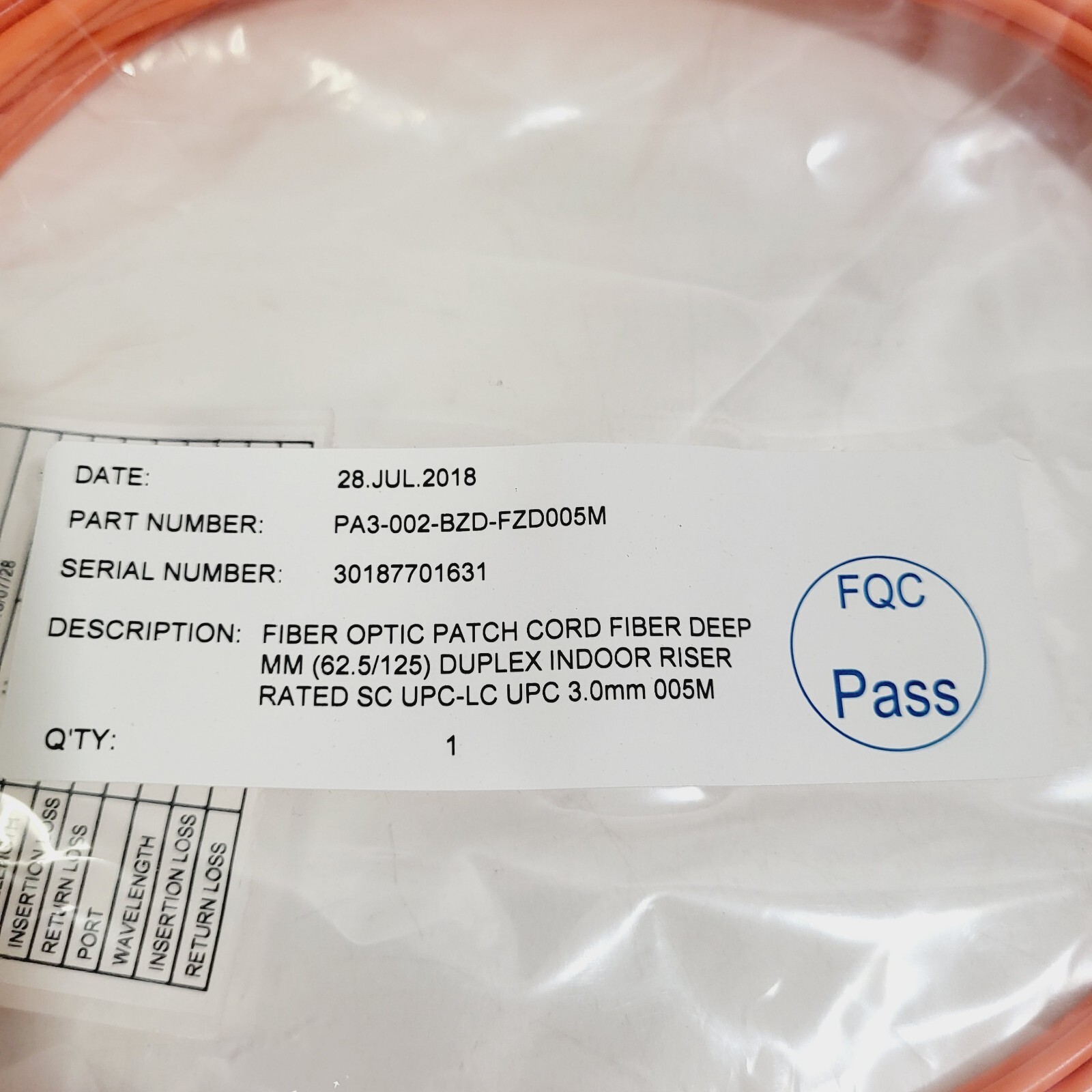 NEW Fiber Patchcord, 5 Meter,SC/UPC to Clipped LC/UPC PA3-002-BZD-FZD005M