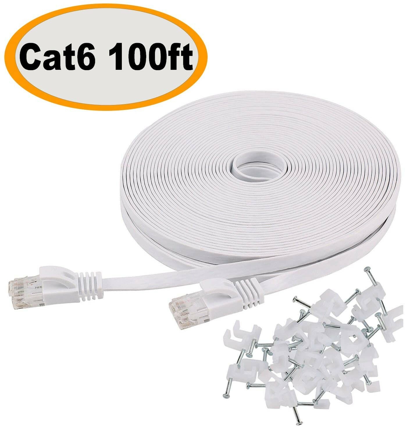 White 100 ft Flat Cat 6 Ethernet Cable with clips & Rj45 Connectors