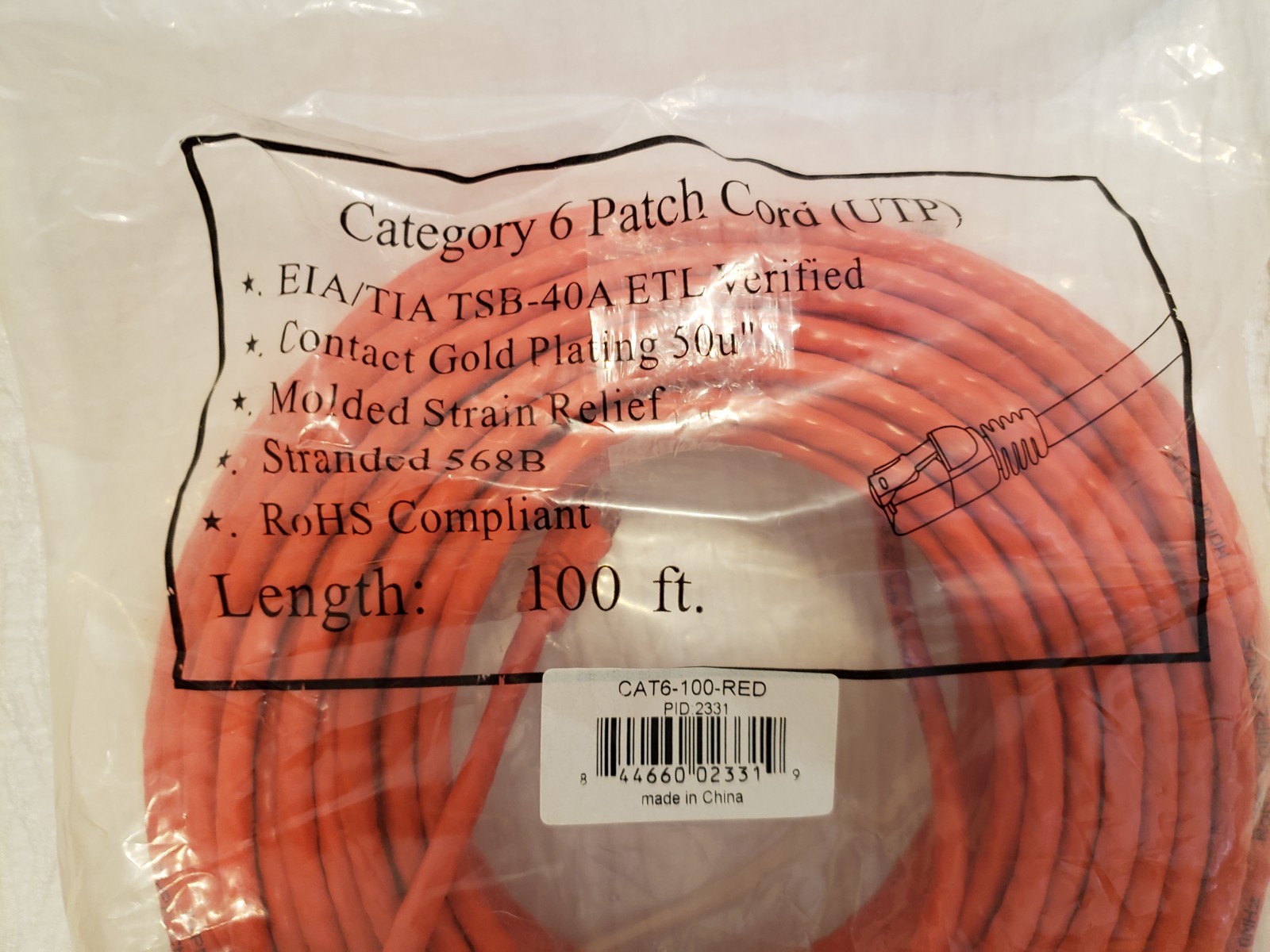 New CAT6-100-RED Category 6 Patch Cord UTP EIA/TIA TSB-40A Cable 100Ft