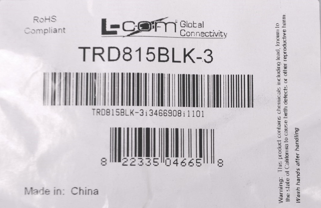 L-Com TRD815BLK-3 Premium Category 5E Patch Cable, RJ45 / RJ45, Black 3.0 ft
