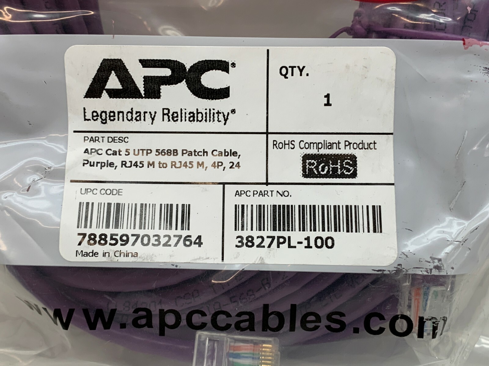 100ft APC 3827GR-100 GREEN Cat 5 CAT5 Patch Cable UTP568B, RJ45M, 4P 24