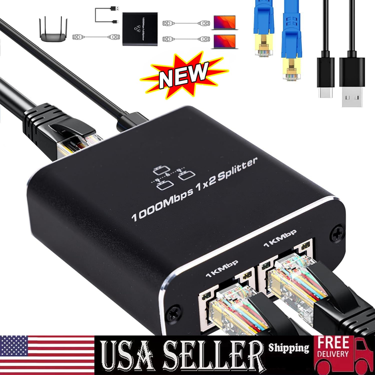 RJ45 Gigabit Ethernet Splitter 1000Mbps LAN Network Internet 1 to 2 Out Adapter