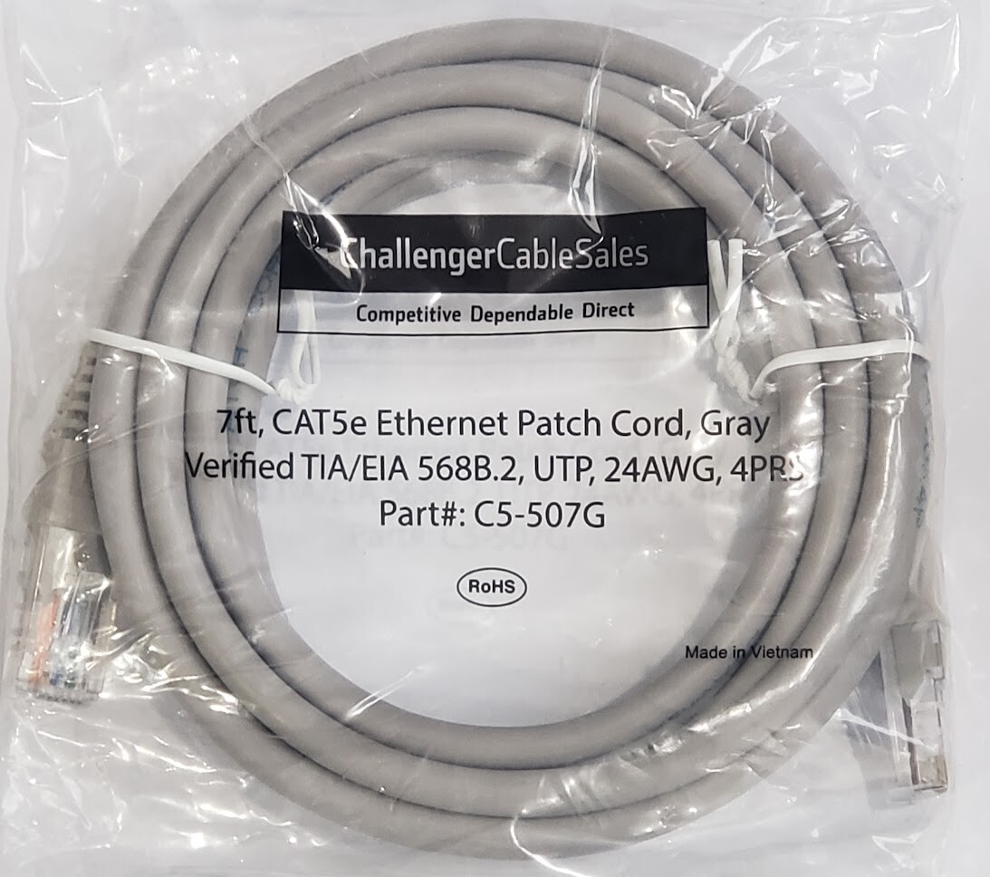 7′ Cat 5e Ethernet Patch Cord Cable #C5-507G 24AWG 4PRS Verified TIA/EIA RoHS
