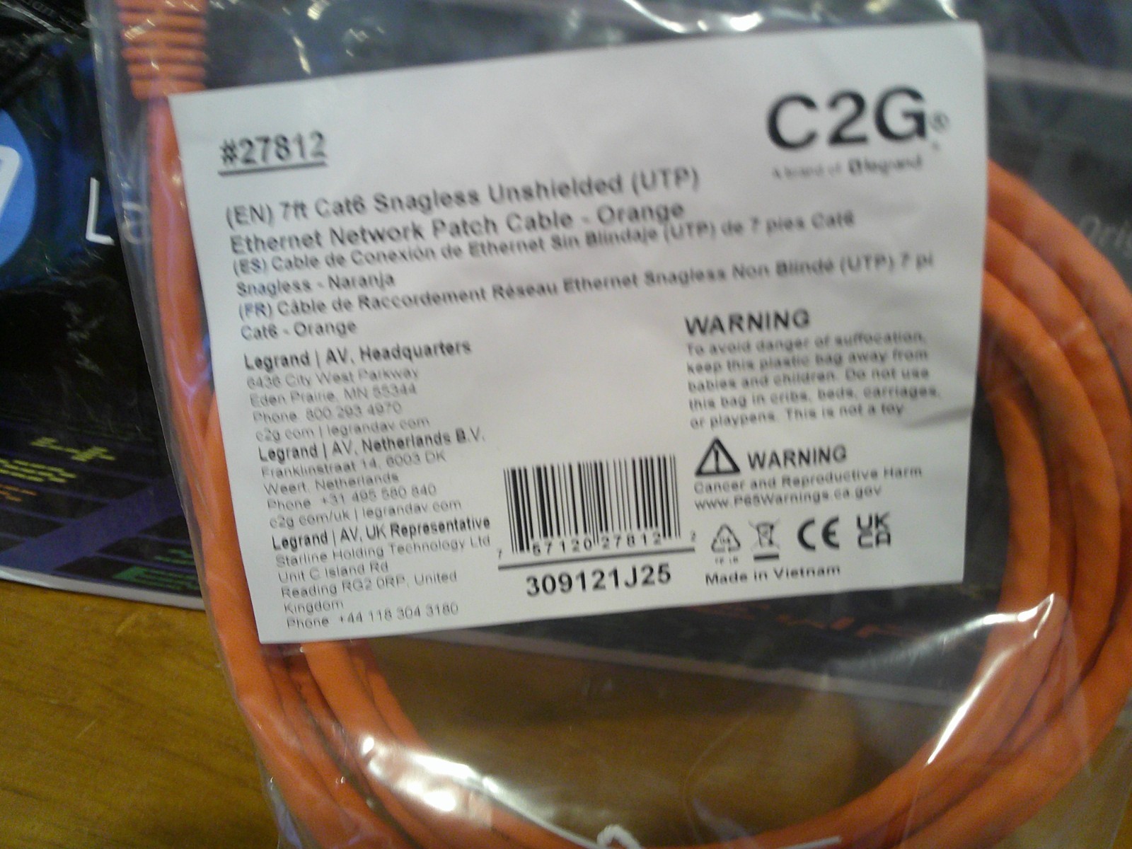 C2G 7 Ft CAT6 Snagless Unshielded UTP Ethernet Network Patch Cable Orange