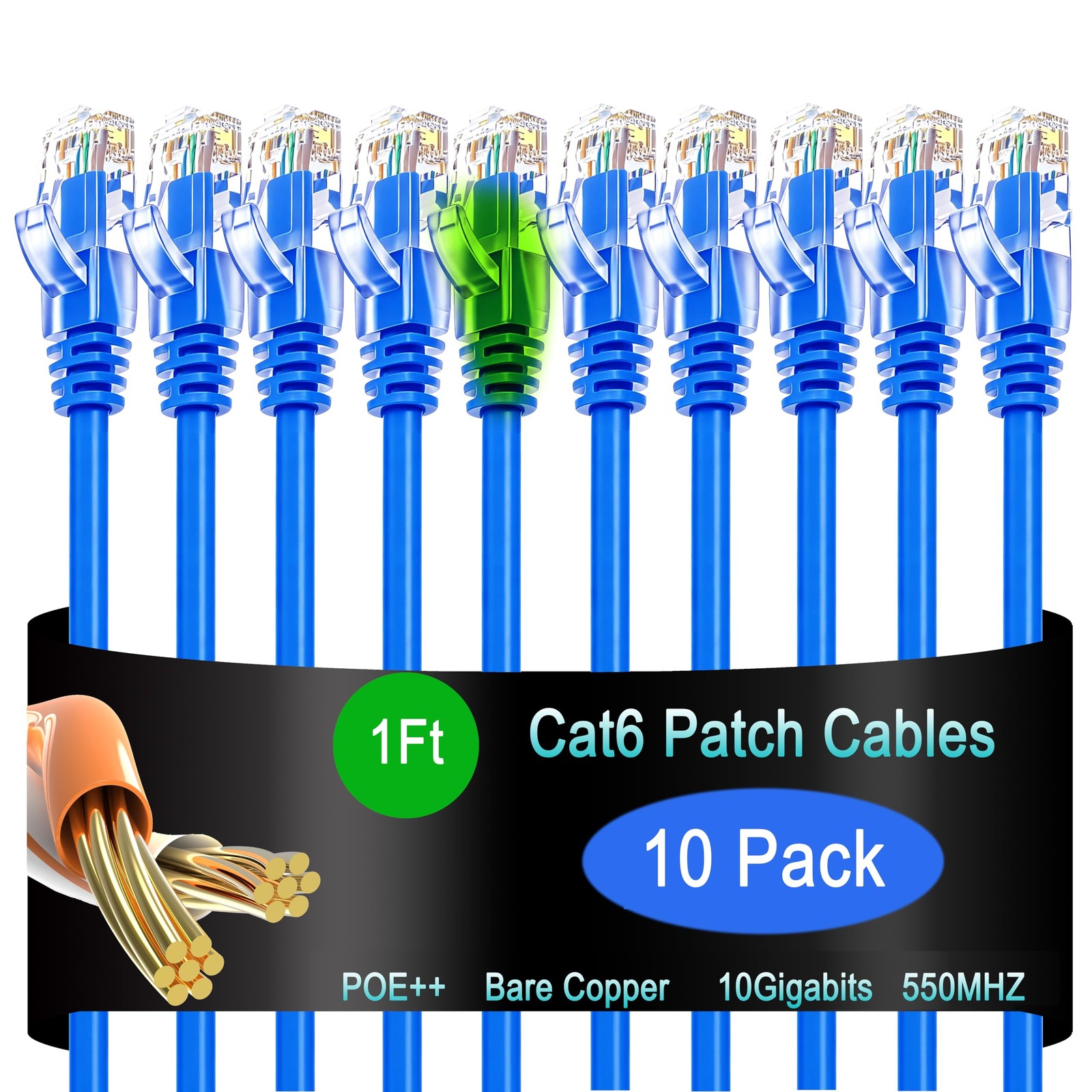 Blue Cat6 Ethernet Patch Cable 1 Ft 10 PCS 10G Network Cord Data Center
