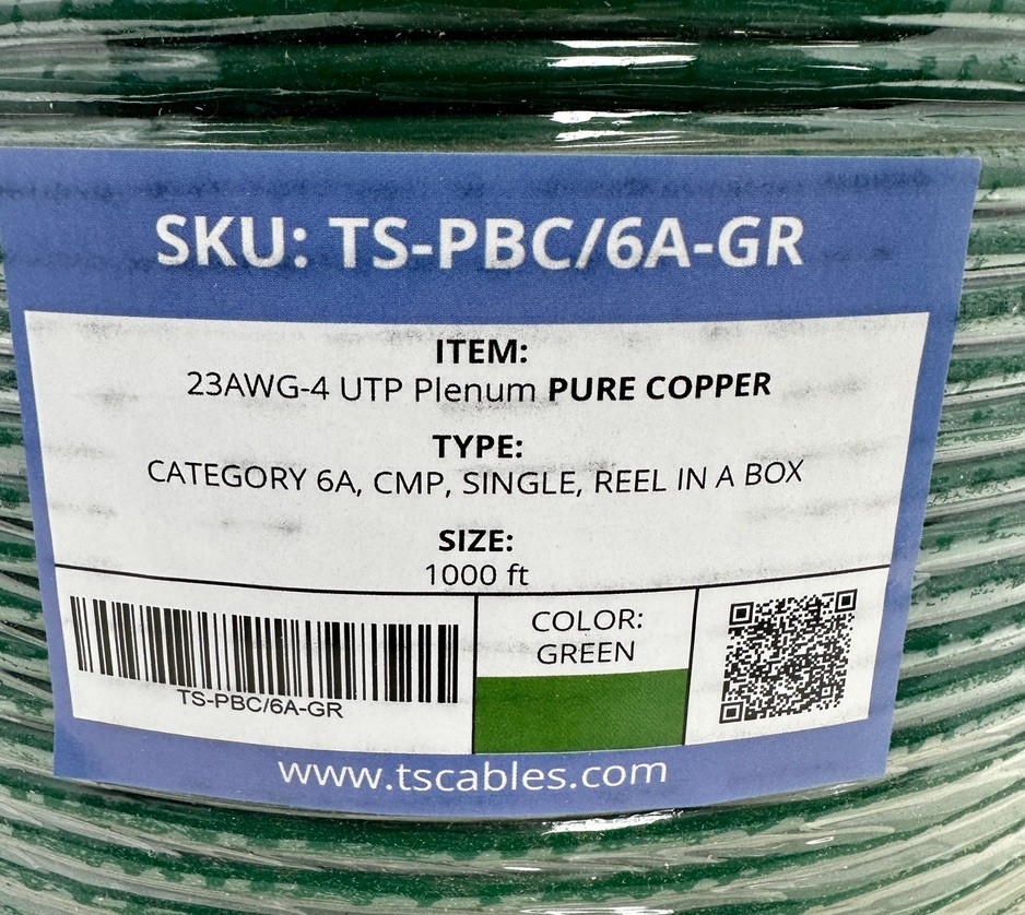 TS-PBC/6A-GR CAT6 A Pure Copper Ethernet Cable Green 1000ft CMP 23AWG-4 UTP