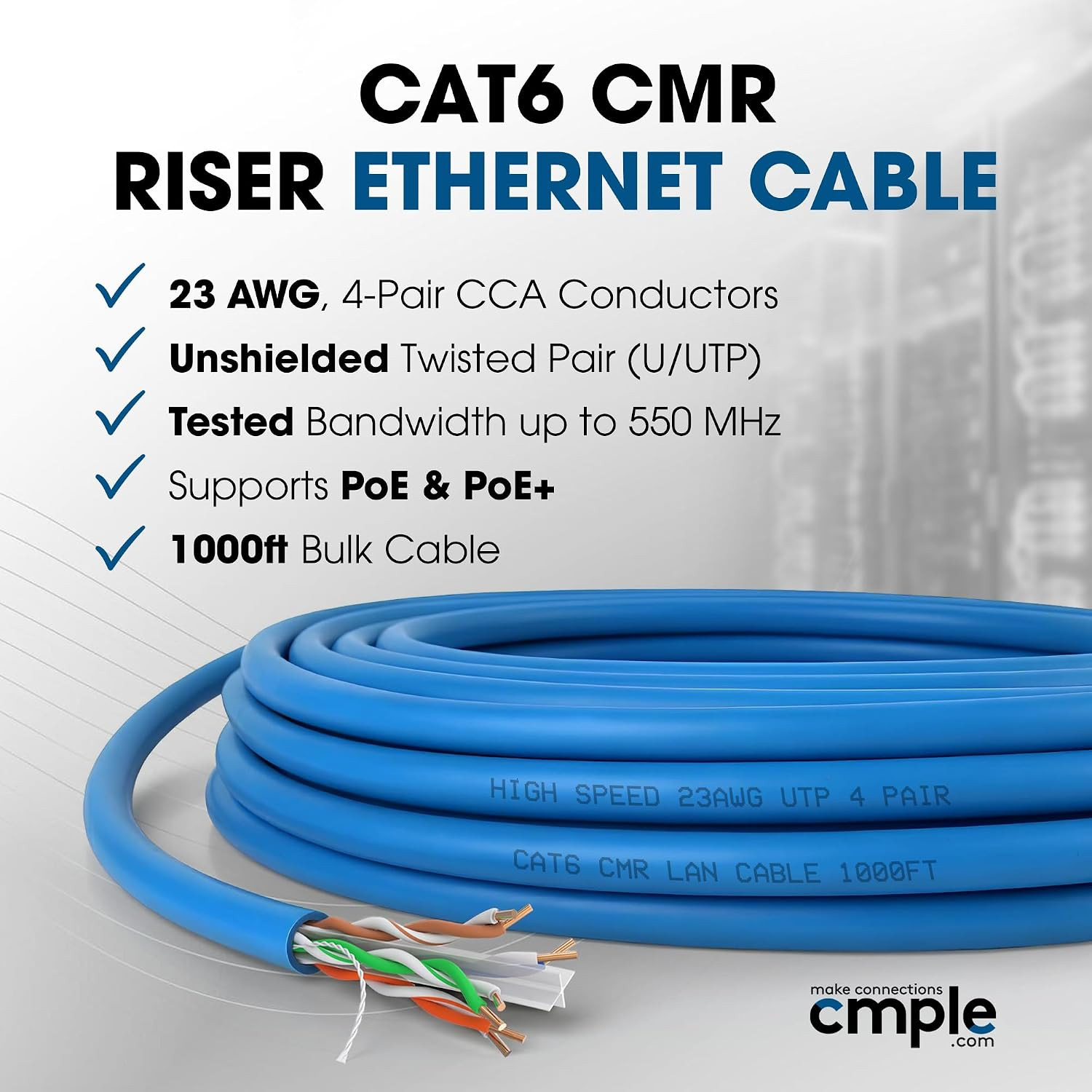 Cat6 Cable 1000Ft Bulk Lan Ethernet Cat 6 Wire Network UTP 23AWG CMR Riser 10Gbp