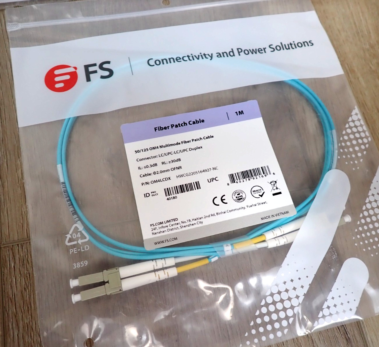 20 NEW FS FIBER PATCH CABLE 1M MULTIMODE 50/125 BLUE WIRE CORD AQUA 1 METER
