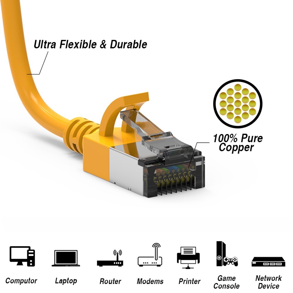 0.5FT Cat8 RJ45 Network LAN Ethernet U/FTP Shield Patch Cable Slim 30AWG Yellow