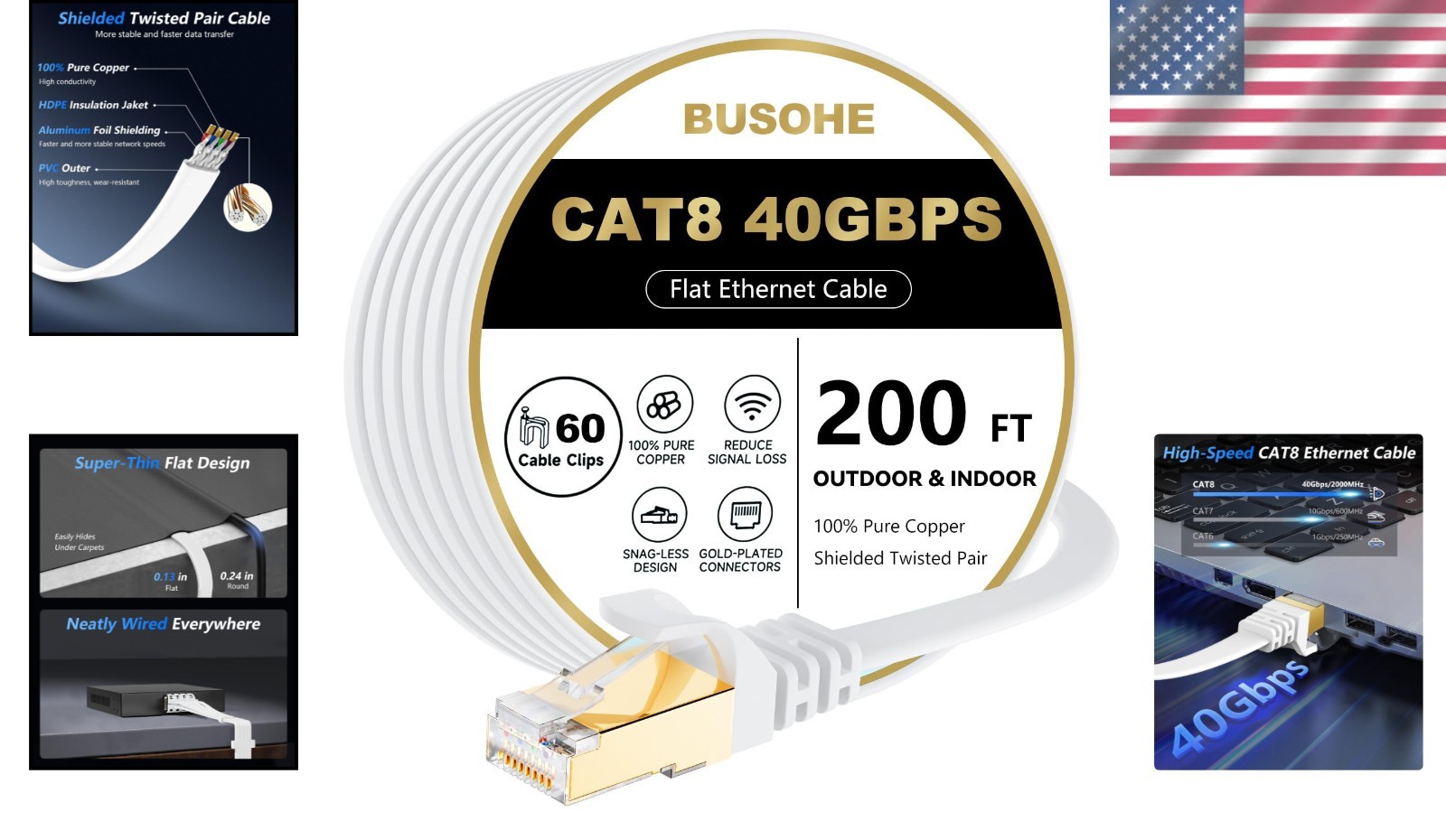 Cat 8 Ethernet Cable 200ft, 40Gbps High Speed LAN Network