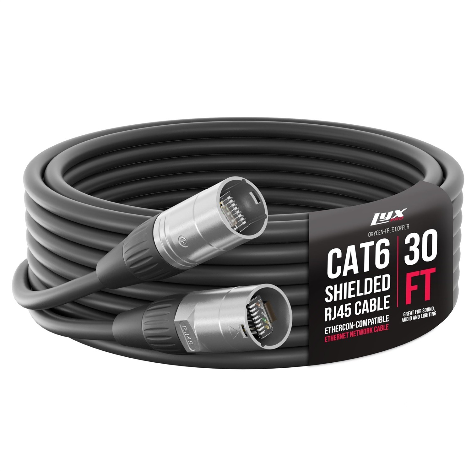 LyxPro 30ft Shielded CAT6 Ethercon RJ45 Cable Pro Audio Lighting Cable, Black