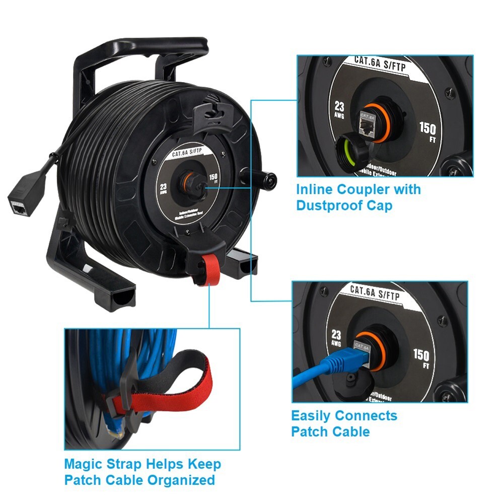 150FT Cat6A RJ45 Ethernet Network S/FTP Shield Cable Retractable Extension Reel
