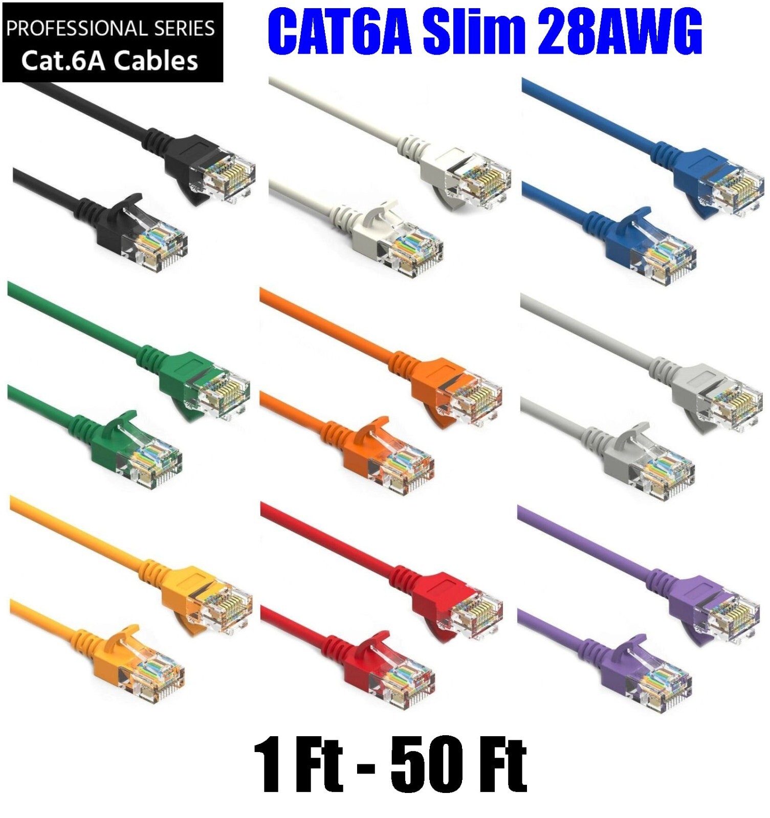 1 Ft – 50 Ft CAT6a Slim RJ45 Network LAN Ethernet Copper Wire Color Patch Cable
