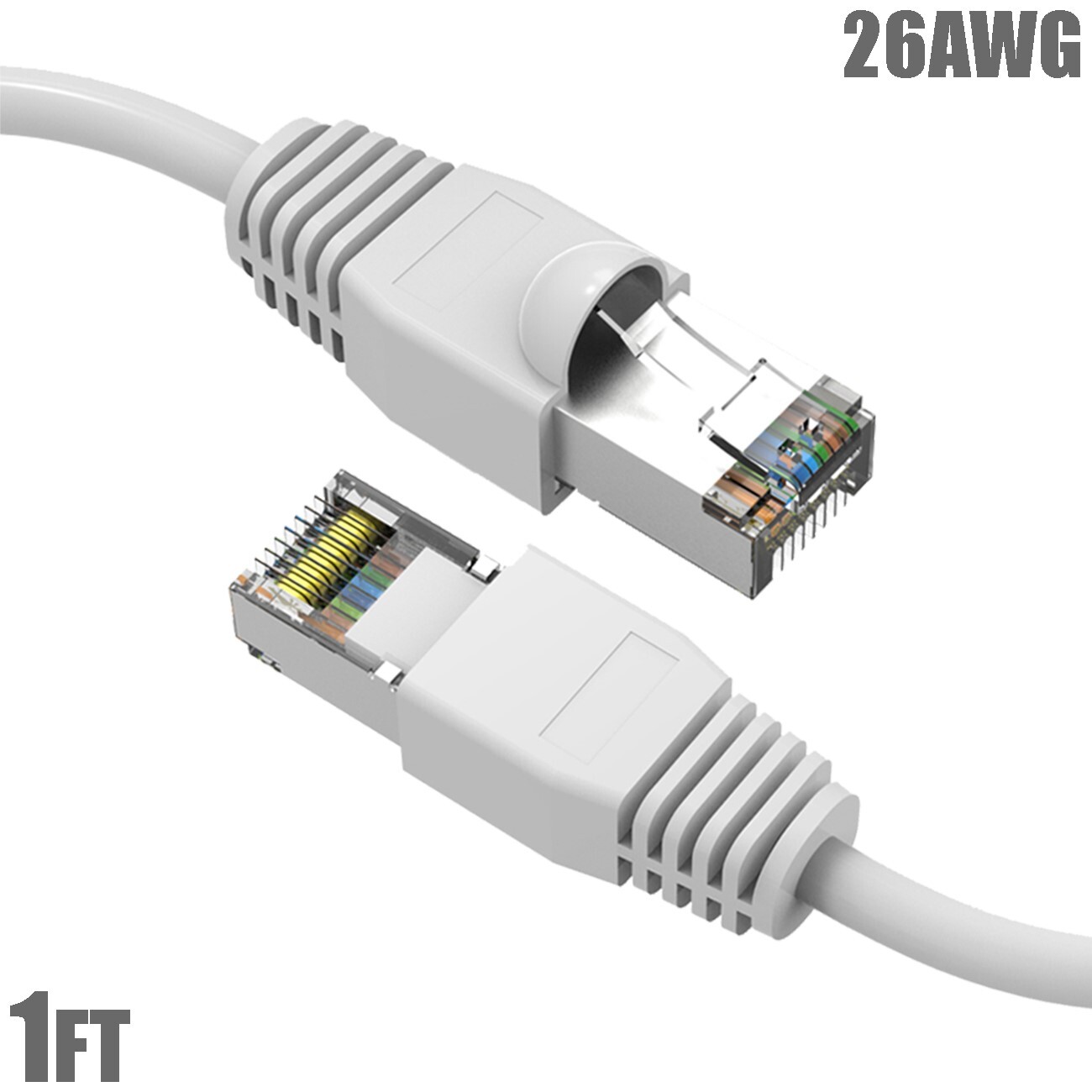 1FT Cat6A RJ45 Network LAN Ethernet Shielded Cable SSTP Copper Wire 26AWG White