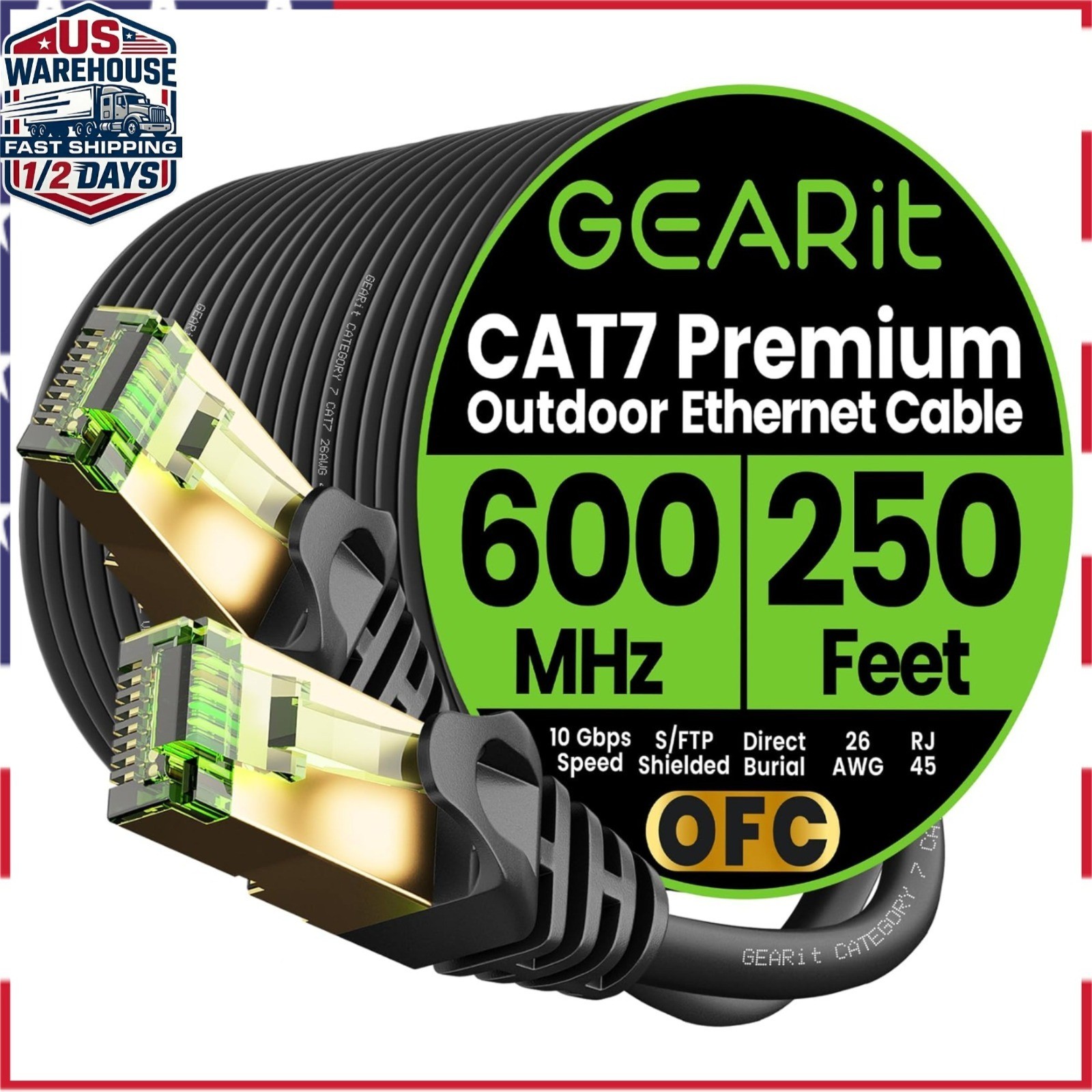 GEARit Cat7 Outdoor Ethernet Cable 250ft SFTP Waterproof Direct Burial