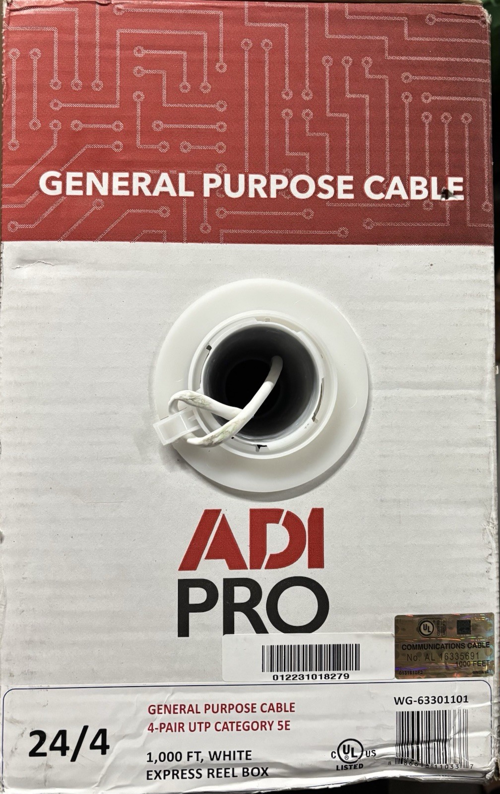 ADI PRO 63301101 CAT5e Non-Plenum Cable, 24/4 Solid BC, Unshielded, UTP, CM