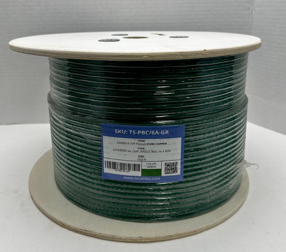 TS-PBC/6A-GR CAT6 A Pure Copper Ethernet Cable Green 1000ft CMP 23AWG-4 UTP