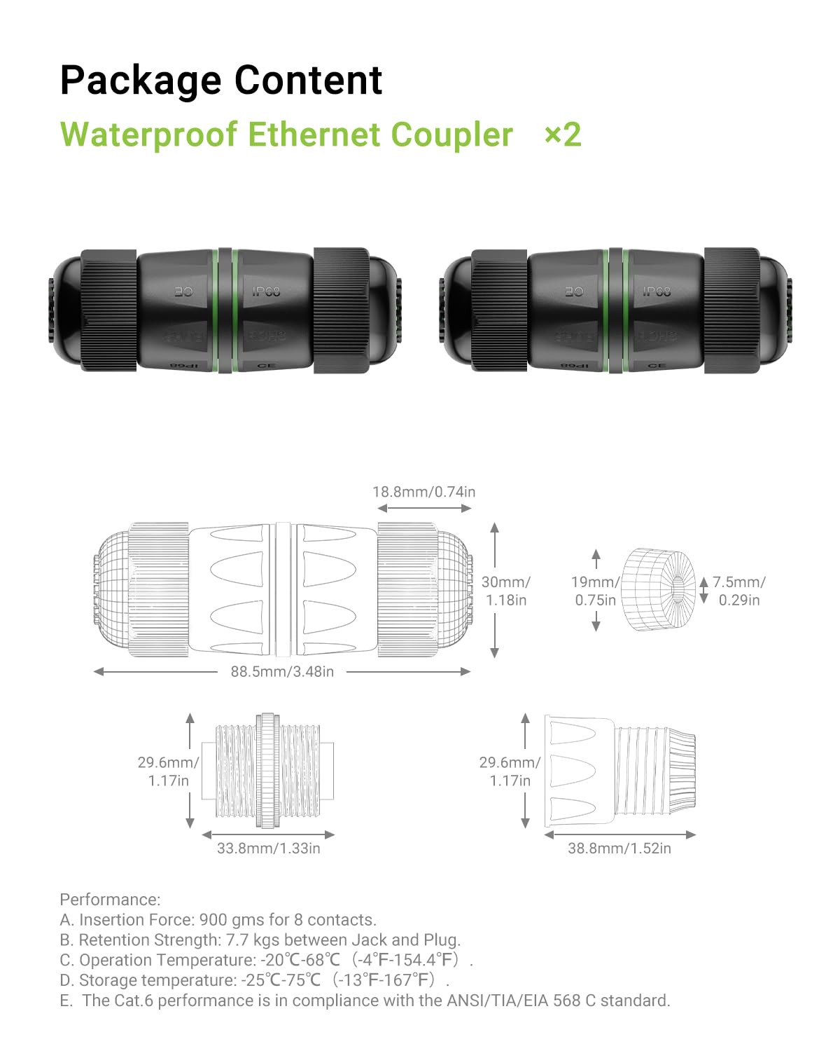 IP68 Waterproof RJ45 Coupler Cat6(3.48In), 1Gbps/250Mhz, 2 Pack | Supports POE,