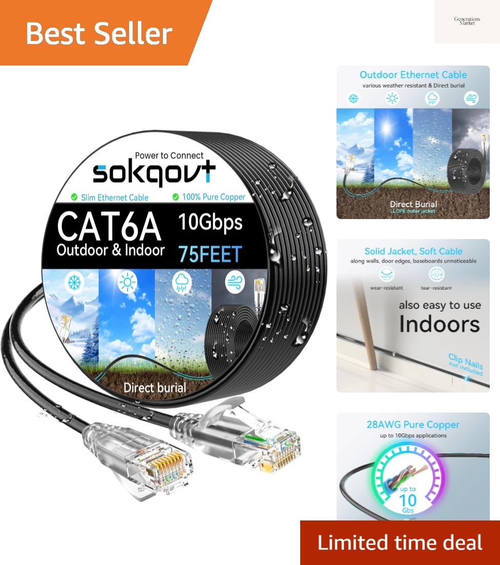 Cat6a Ethernet Cable Slim 75ft Outdoor&Indoor, 28AWG Pure Copper Cat6 Interne…