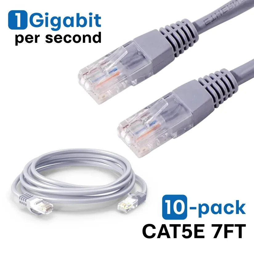 Pack of 10 Cat5e Ethernet Cable 7 ft Gray RJ45 LAN Network Gigabit Patch Cord