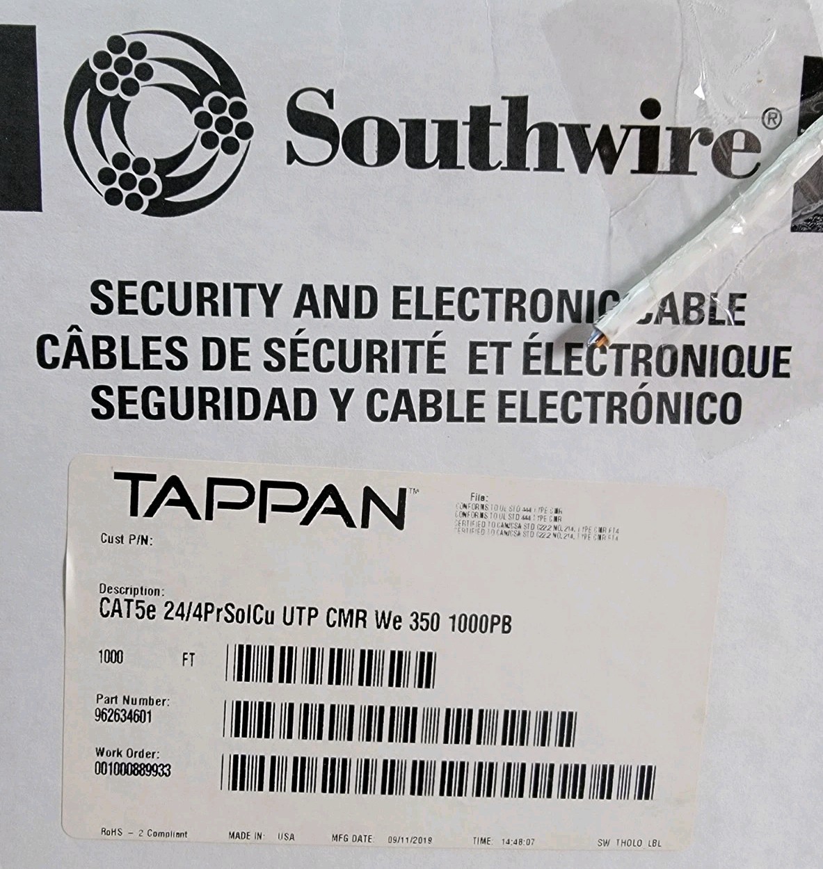 Southwire 1000 ft. White 24/4 Gauge/Pair CAT5e UTP CMR Data Cable 1000 ft. – NIB