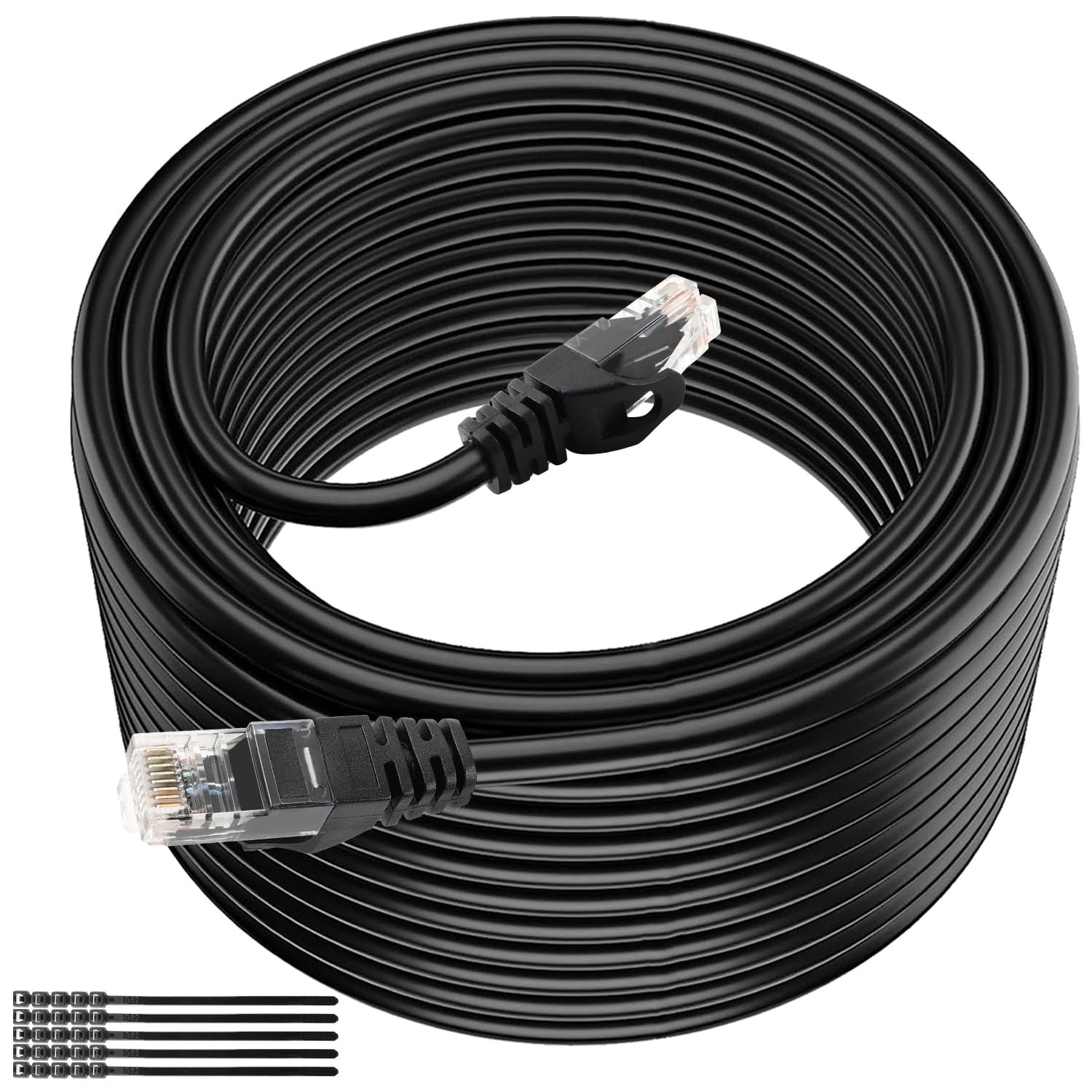 250ft Black Cat6 Ethernet Cable Heavy Duty Internet Cord with 25 Zip Ties