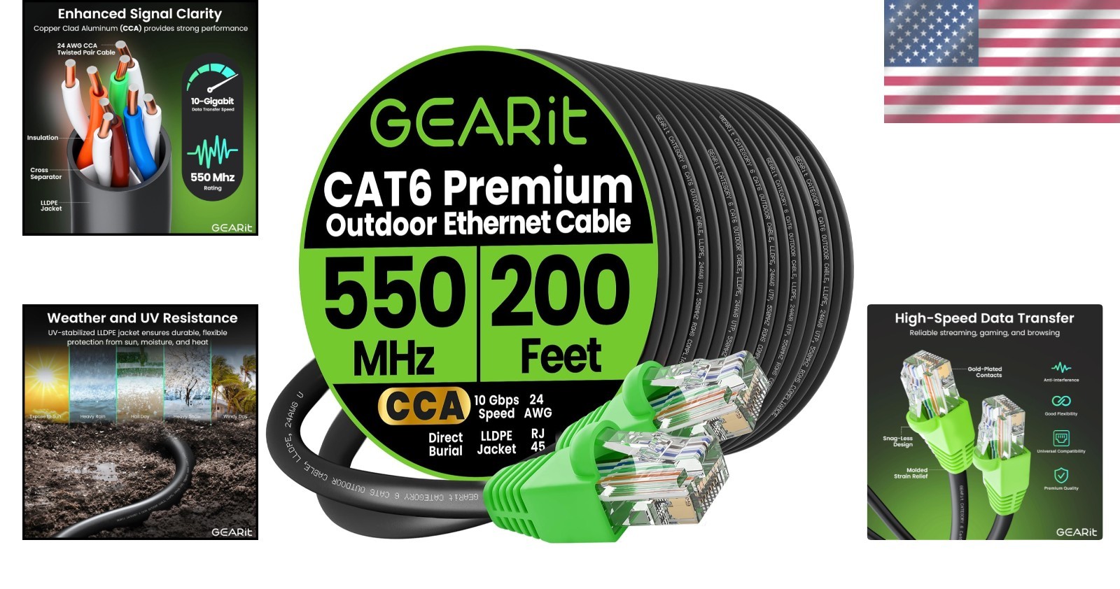 200 ft Cat-6 Outdoor Ethernet Cable – 10 Gbps, UV Resistant, Waterproof Quality