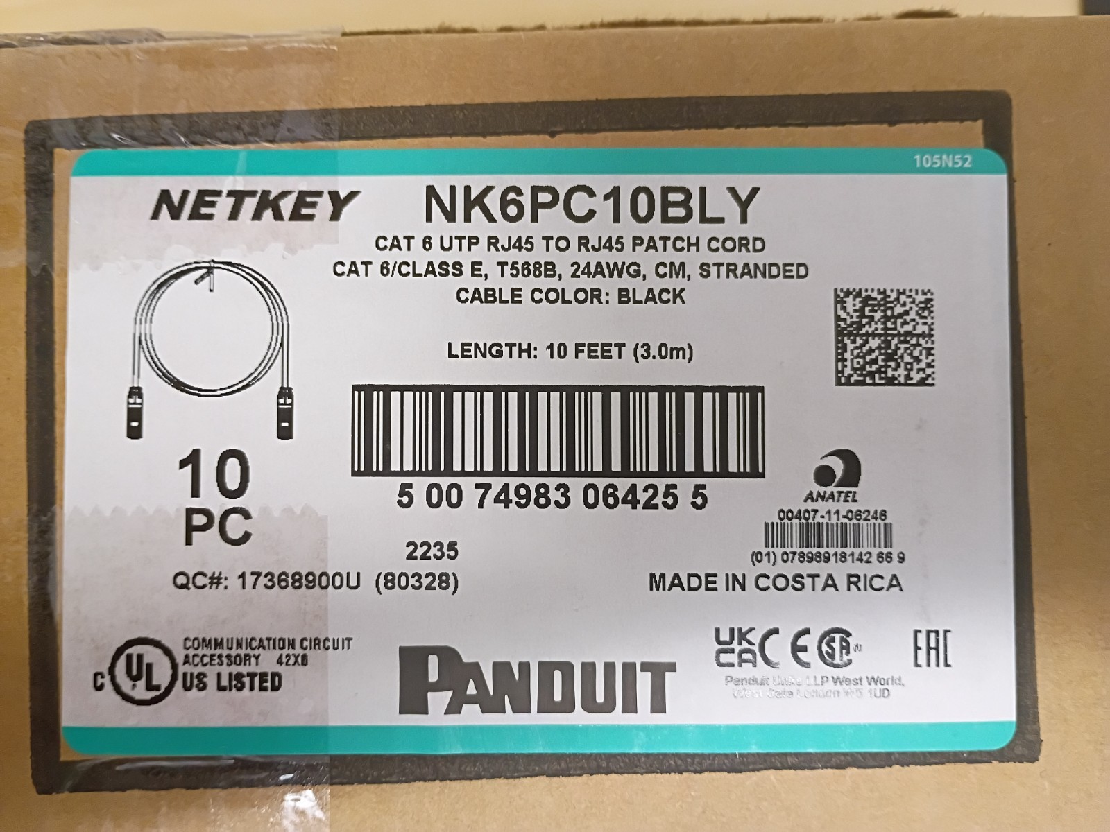 Lot of 10 NEW Panduit NK6PC10BLY RJ45 to RJ45 Patch Cords, 10-Feet, Black CAT 6!