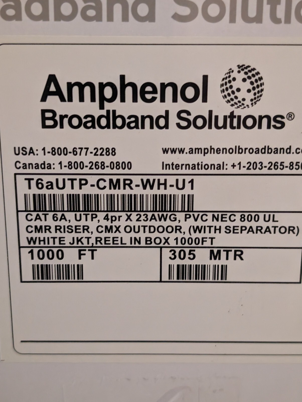 Amphenol Cat 6A UTP 100ft Solid Copper Ethernet Cable 4x 23AWG Pro Quality CMX