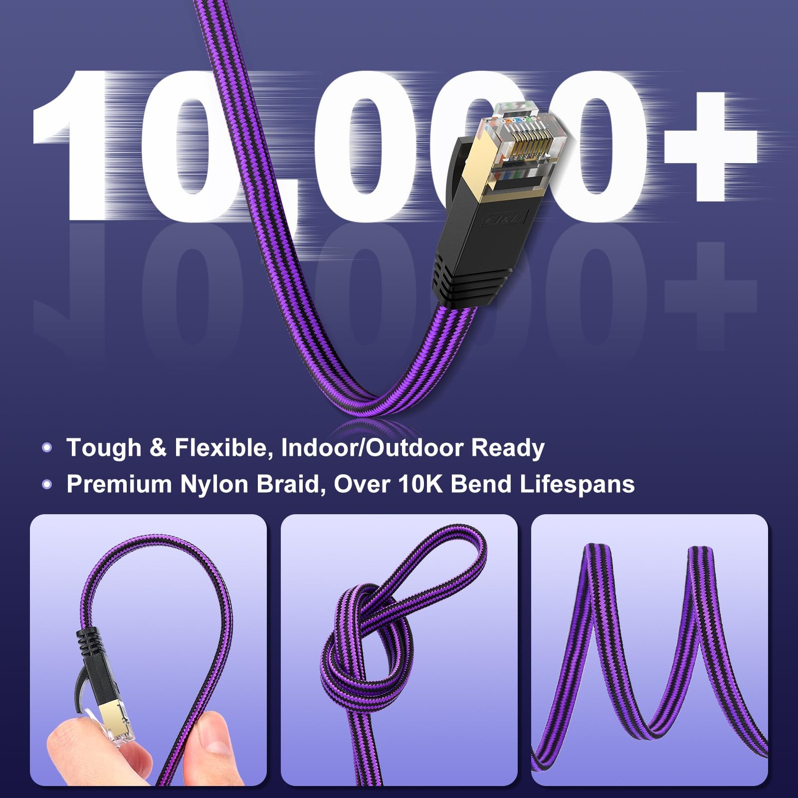 Cat 7 Ethernet Cable Nylon Braided Flat LAN Internet Patch Cord 3 Feet Wire