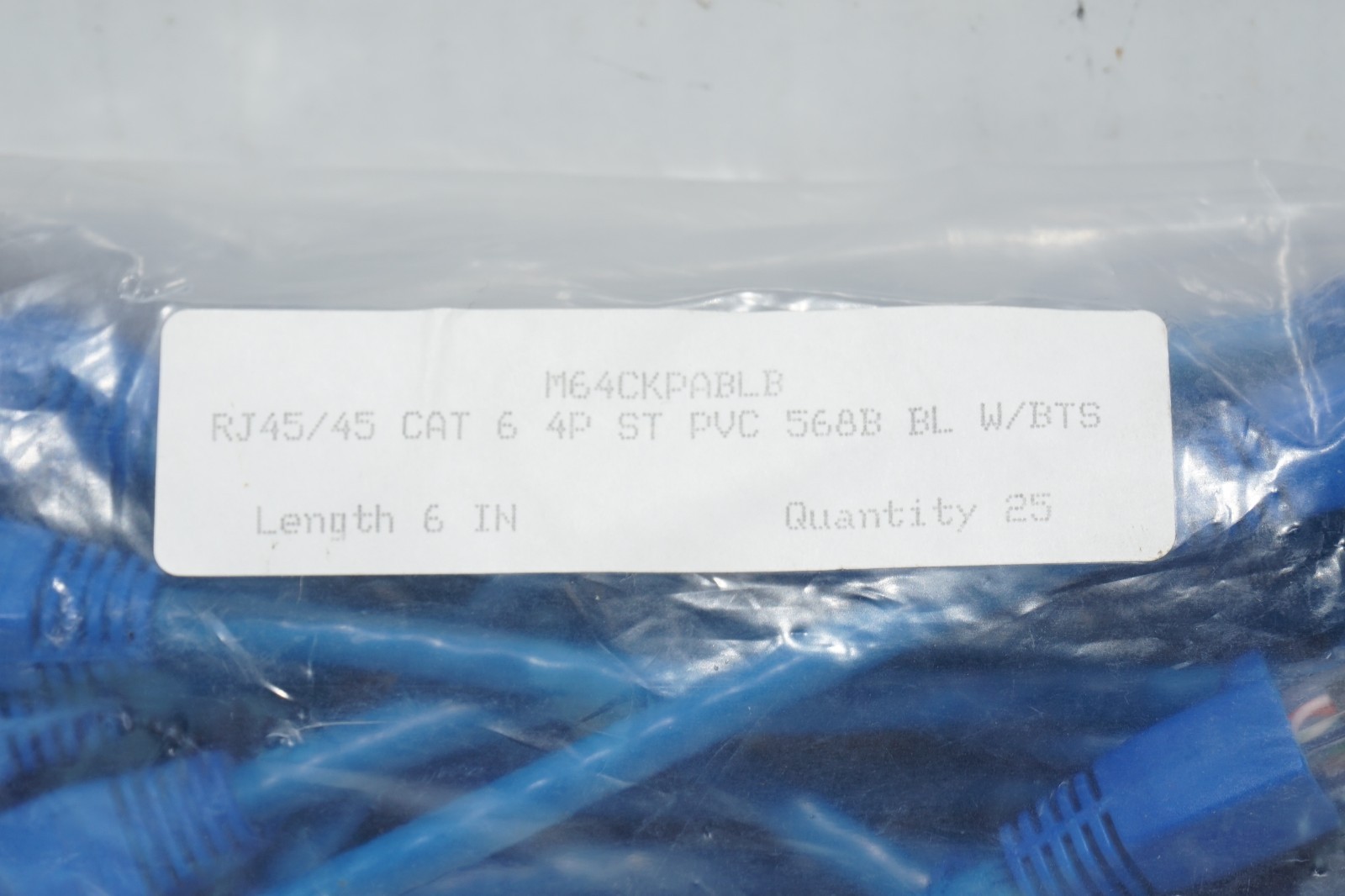 (25) RJ45/45 CAT6 4P ST PVC 568B BLUE W/BTS 6″ CABLES – NEW M64CKPABLB