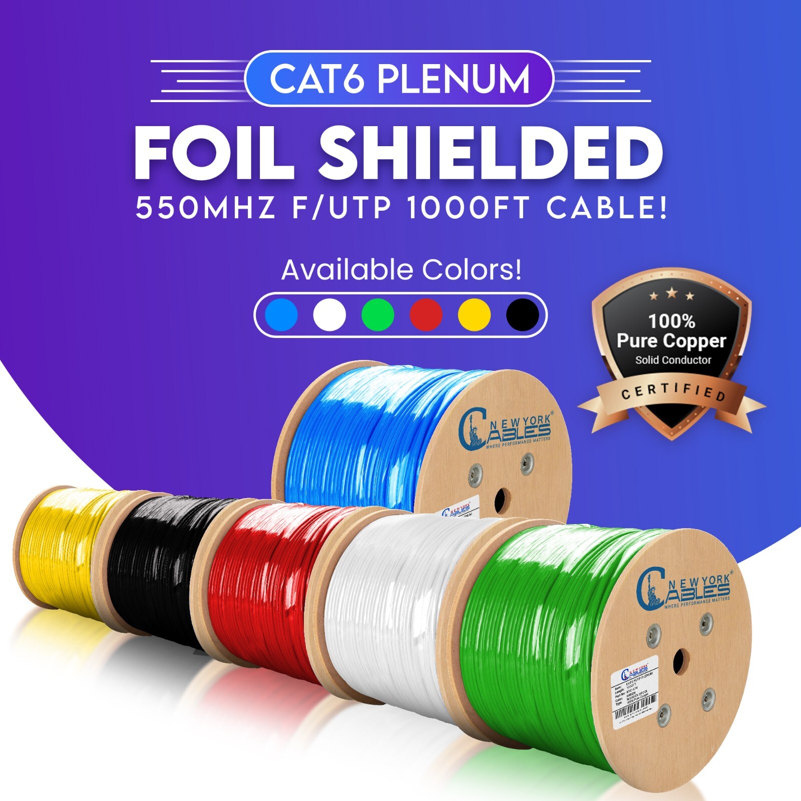 Cat6 1000ft Plenum Copper Foil Shielded CMP 550Mhz F/UTP Ethernet LAN Cable Bulk
