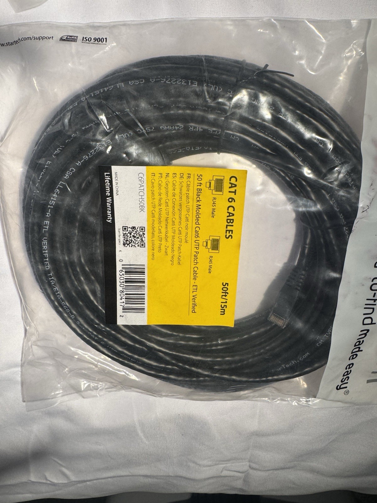 StarTech Cat 6 Ethernet Patch Cable RJ-45 Male 50ft/15m Black Round
