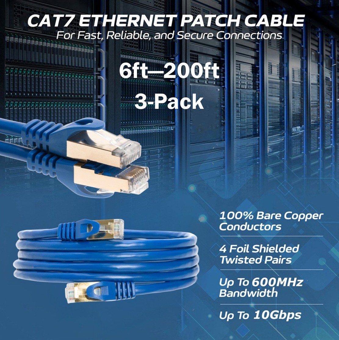 3-Pack CAT7 S/FTP Ethernet Patch Cord 600MHz Network Cable 6FT-200FT Blue Lot