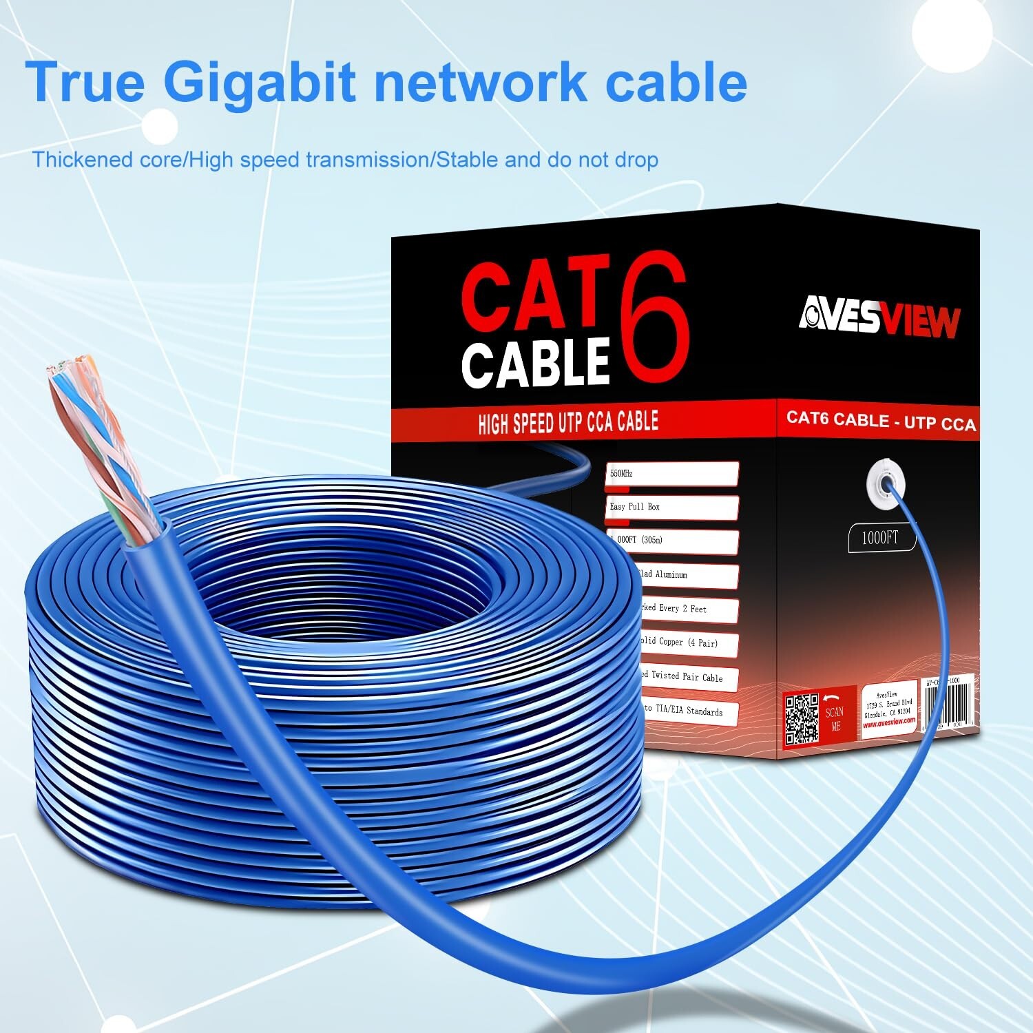 AvesView CAT6 Indoor 1000ft Ethernet Cable UTP (CCA) 23AWG 550MHz – Blue